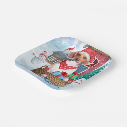 雪の中のビーグル犬クリスマスドッグハウス ペーパープレート (傾斜あり)