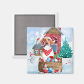 雪の中のビーグル犬クリスマスドッグハウス マグネット (正面/裏面)