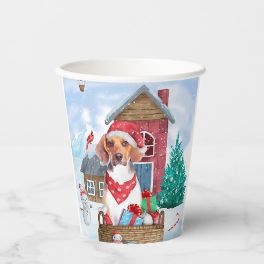 雪の中のビーグル犬クリスマスドッグハウス 紙コップ (正面)