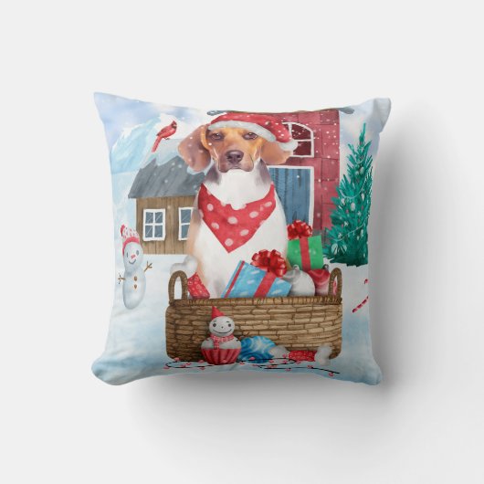 雪の中のビーグル犬 クリスマスの犬小屋 クッション (正面)