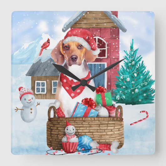 雪の中のビーグル犬 クリスマスの犬小屋 スクエア壁時計 (正面)