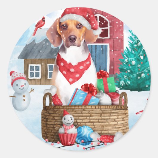 雪の中のビーグル犬 クリスマスの犬小屋 ラウンドシール (正面)