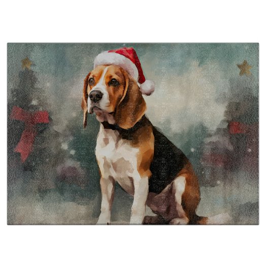 雪の中のビーグル犬 クリスマス カッティングボード (正面)