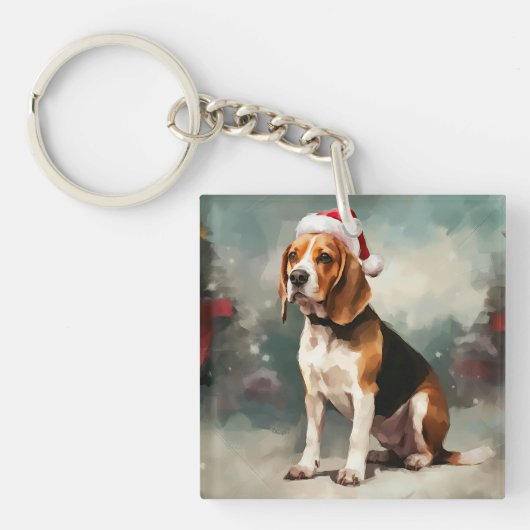 雪の中のビーグル犬 クリスマス キーホルダー (正面)