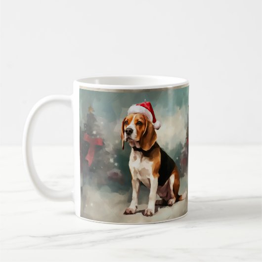 雪の中のビーグル犬 クリスマス コーヒーマグカップ (左)