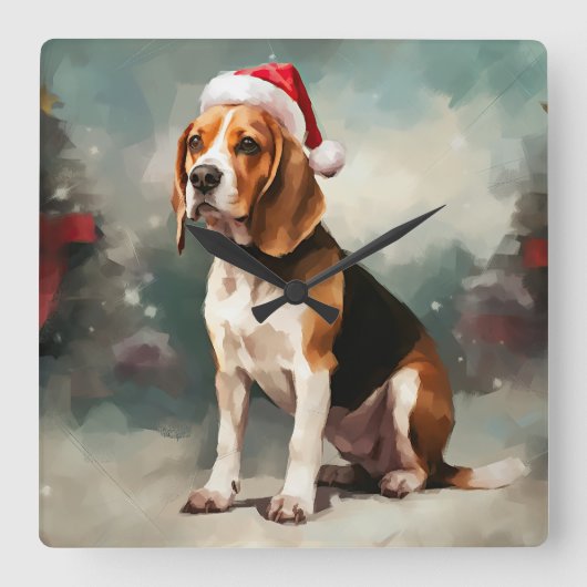 雪の中のビーグル犬 クリスマス スクエア壁時計 (正面)