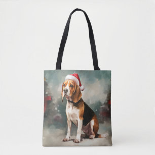 雪の中のビーグル犬 クリスマス トートバッグ