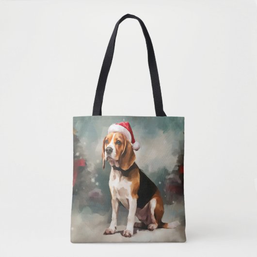 雪の中のビーグル犬 クリスマス トートバッグ (正面)