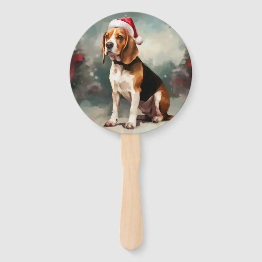 雪の中のビーグル犬 クリスマス ハンドファン (正面)
