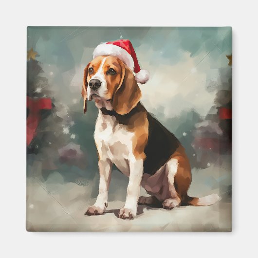 雪の中のビーグル犬 クリスマス マグネット (正面)