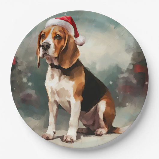 雪の中のビーグル犬 ペーパープレート (正面)