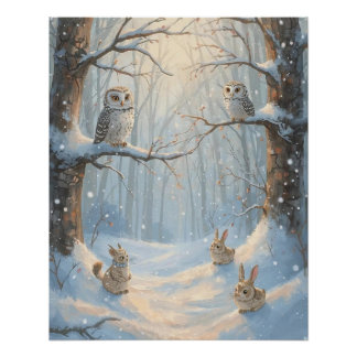 雪の中のフクロウとウサギの森のポスター ポスター