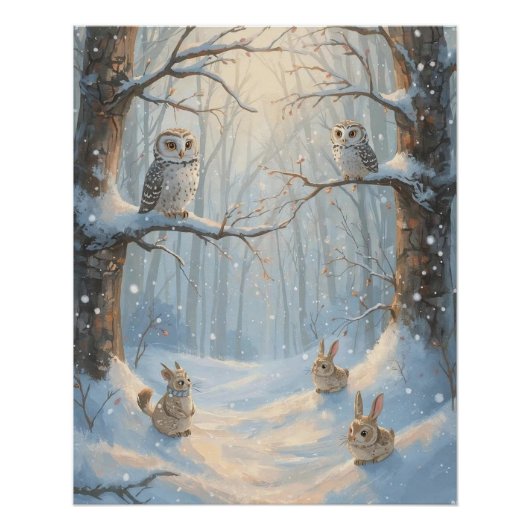 雪の中のフクロウとウサギの森のポスター ポスター (正面)