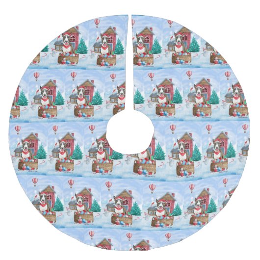 雪の中のブルテリア犬クリスマスドッグハウス ブラッシュドポリエステルツリースカート (正面)