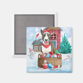 雪の中のブルテリア犬クリスマスドッグハウス マグネット (正面/裏面)