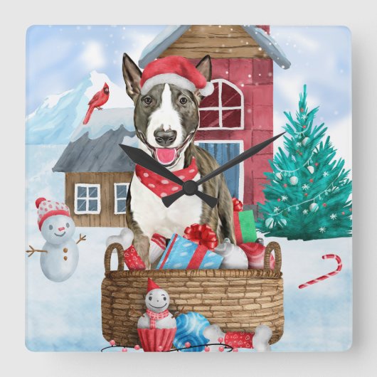 雪の中のブルテリア犬 クリスマスの犬小屋 スクエア壁時計 (正面)