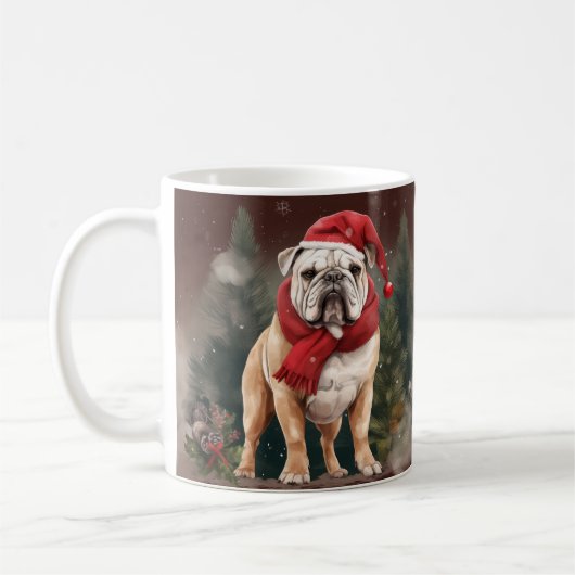 雪の中のブルドッグ クリスマス コーヒーマグカップ (左)