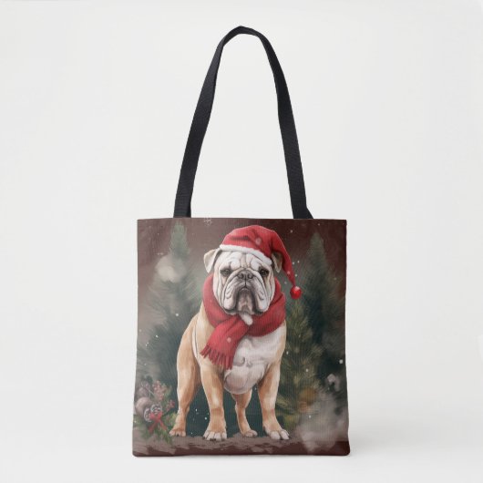 雪の中のブルドッグ クリスマス トートバッグ (正面)