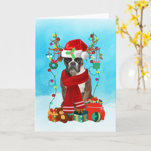 雪の中のプレゼントを持つボクサー カード (黄色い花)