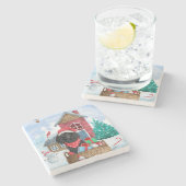 雪の中のプードル犬クリスマスドッグハウス ストーンコースター (横)