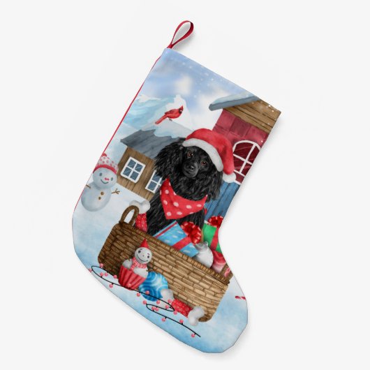 雪の中のプードル犬クリスマスドッグハウス スモールクリスマスストッキング (正面 (吊り時))