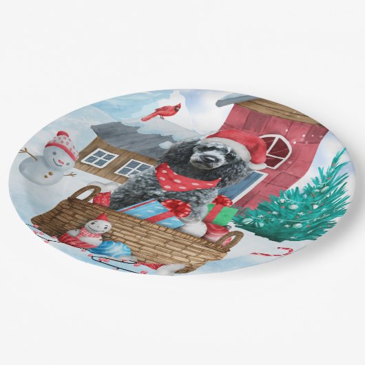 雪の中のプードル犬クリスマスドッグハウス ペーパープレート (アングル)