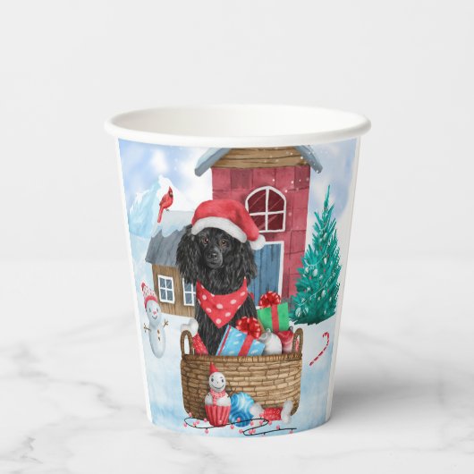 雪の中のプードル犬クリスマスドッグハウス 紙コップ (裏面)