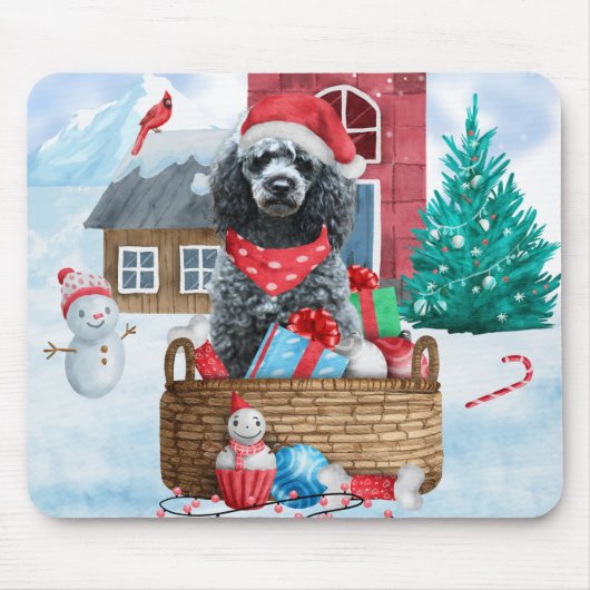 雪の中のプードル犬 クリスマスの犬小屋 マウスパッド (正面)