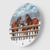 雪の中のベイクオーター馬 ラージ壁時計 (傾斜)