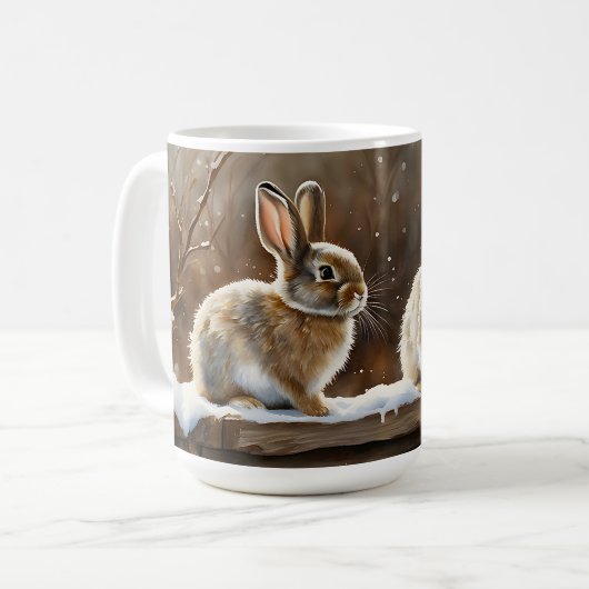 雪の中のベンチに座ったかわいいウサギたち|過去記事 コーヒーマグカップ (正面左)