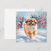 雪の中のペキニーズ 冬のメリークリスマス シーズンカード (正面/裏面)