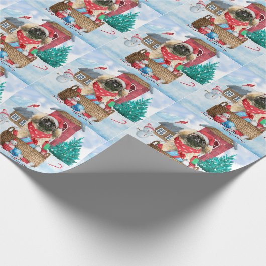 雪の中のペキンゼドッグのクリスマスドッグハウス ラッピングペーパー (角)