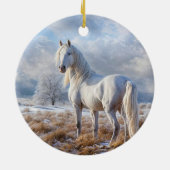 雪の中のホワイトホースのクリスマスホリデー セラミックオーナメント (裏面)