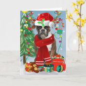 雪の中のボクサー犬とクリスマスプレゼント カード (黄色い花)