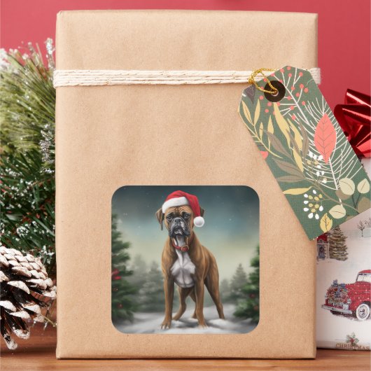 雪の中のボクサー犬 スクエアシール (クリスマス)