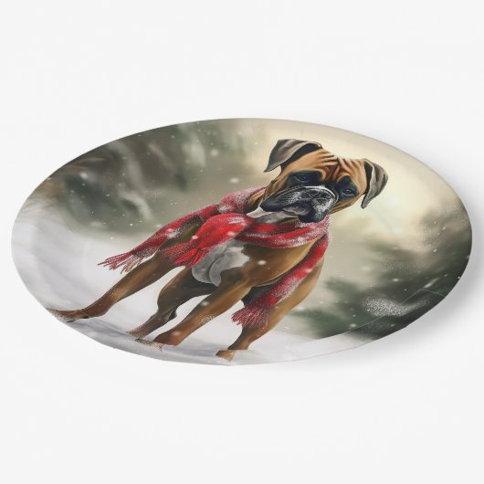 雪の中のボクサー犬 ペーパープレート (アングル)