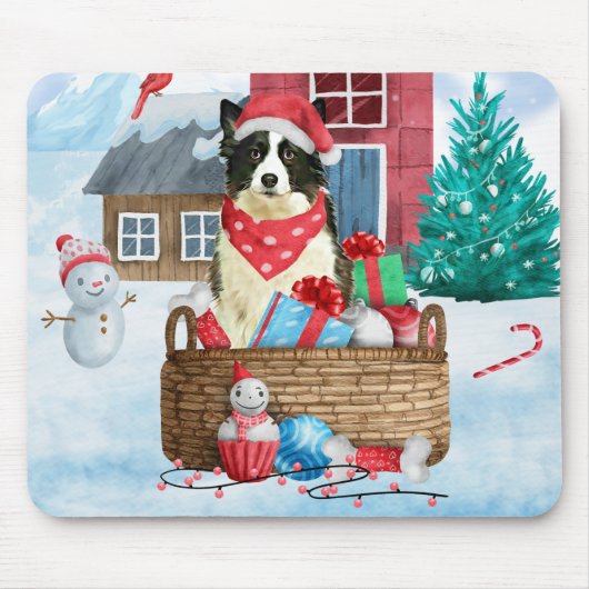 雪の中のボーダーコリーとクリスマスの犬小屋 マウスパッド (正面)