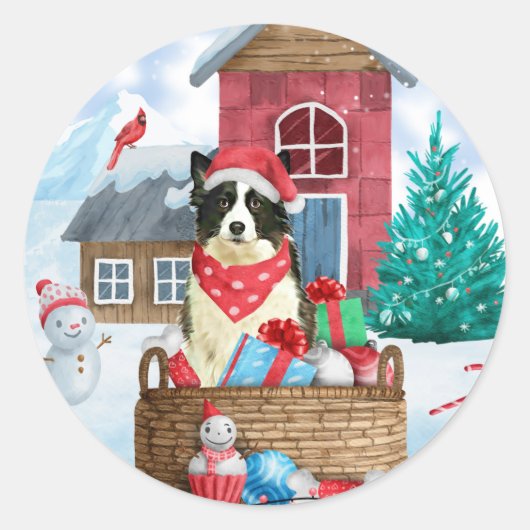 雪の中のボーダーコリー犬 クリスマスの犬小屋 ラウンドシール (正面)