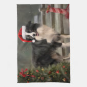 雪の中のボーダーコリー クリスマス キッチンタオル (縦)