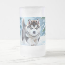 雪の中のマラミュートの子犬 フロストグラスビールジョッキ