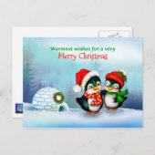 雪の中のメリークリスマスペンギンとイグルー シーズンポストカード (正面/裏面)