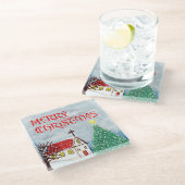 雪の中のメリークリスマス教会とクリスマスツリー ガラスコースター (アングル)