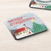 雪の中のメリークリスマス教会とクリスマスツリー コースター (左側)