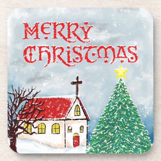 雪の中のメリークリスマス教会とクリスマスツリー コースター (正面)