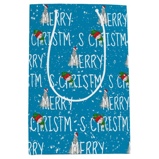 雪の中のメリークリスマス雪だるま ミディアムペーパーバッグ (正面)