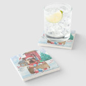 雪の中のヨークシャーテリアドッグクリスマスドッグハウス ストーンコースター (横)