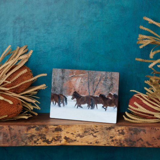 雪の中のランニング馬の群れ フォトプラーク (側面)