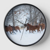 雪の中のランニング馬の群れ 壁時計 (正面)