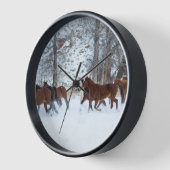 雪の中のランニング馬の群れ 壁時計 (傾斜)