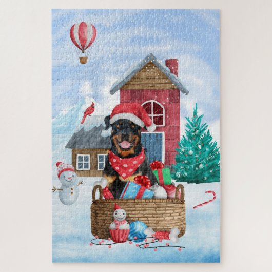 雪の中のロットワイラー 犬のクリスマスハウス ジグソーパズル (縦)